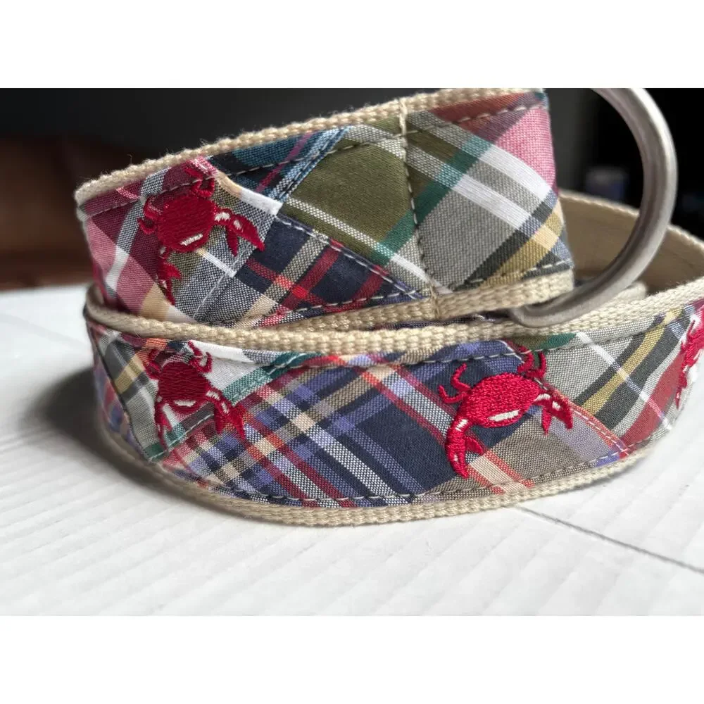 L.L. Bean Womens S/M Madras Plaid Patchwork Embroidered Crab Belt D-Ring Canvas